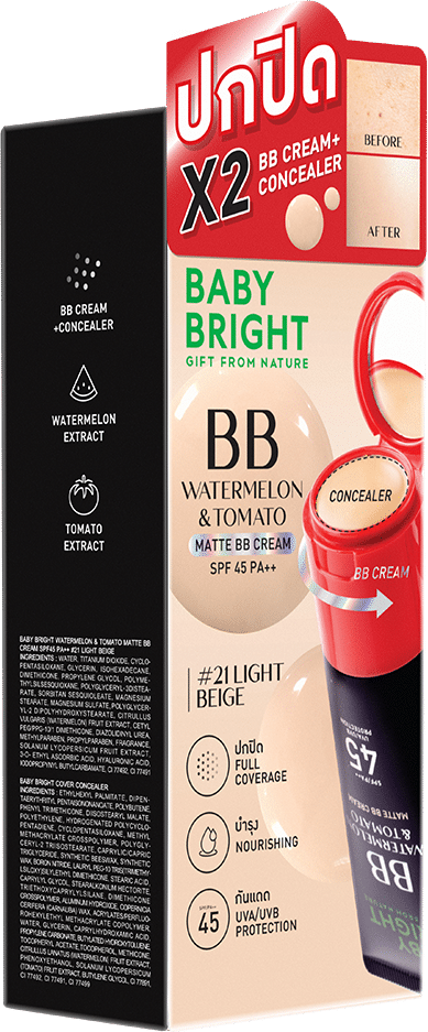 كريم أساس مطفي برائحة البطيخ والطماطم، عامل حماية من الشمس SPF45 PA++، 30 غرام (مع كونسيلر مجاني)، لون بيبي برايت (متوسط)، رقم 21 بيج فاتح (Y2024)